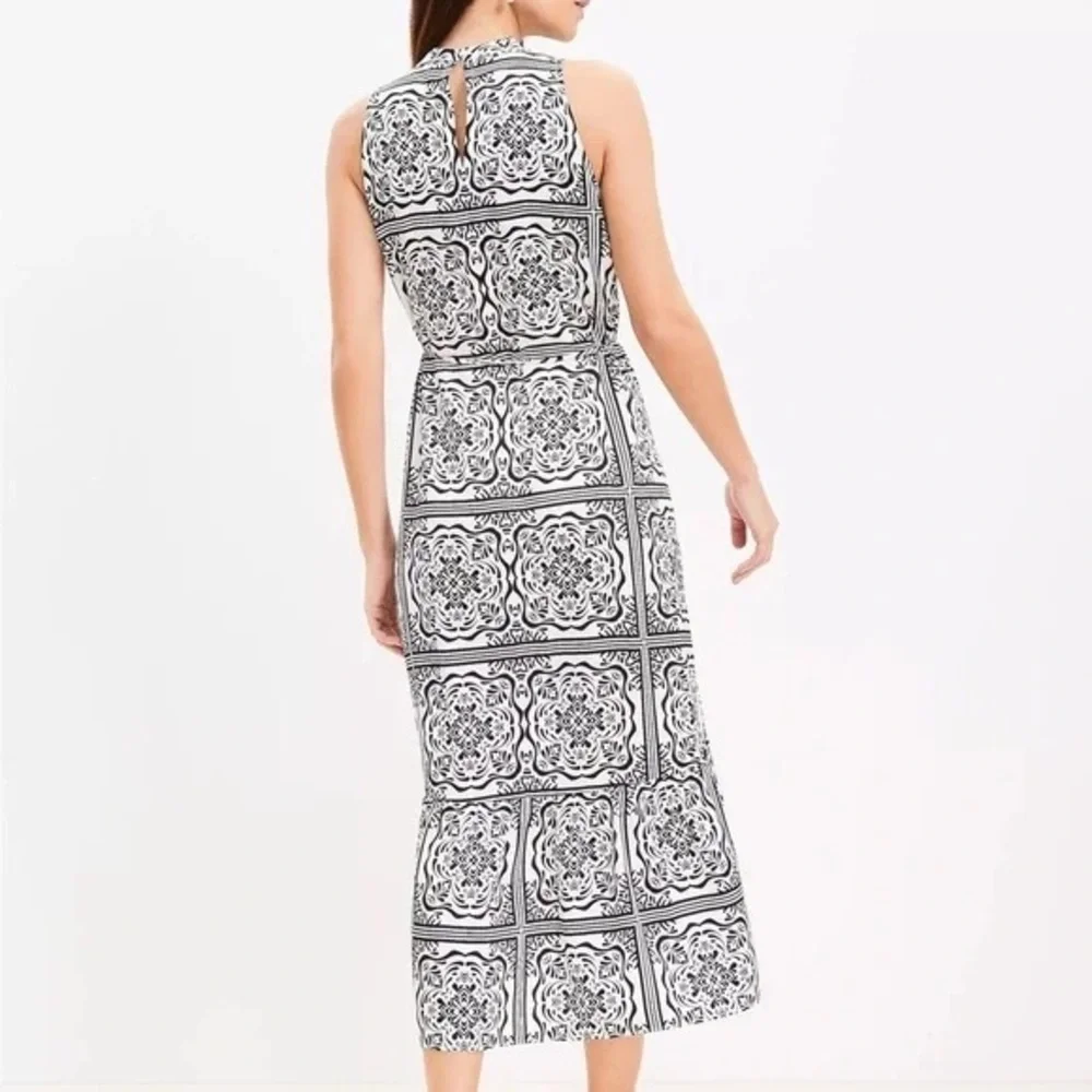 LOFT Sleeveless Tile Print Midi Dress Women’s XL NWT Black & White Ruffle Hem - Picture 2 of 12